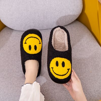 Melody A Perfect Day Smiley Face Cozy Slippers in Black/Yellow