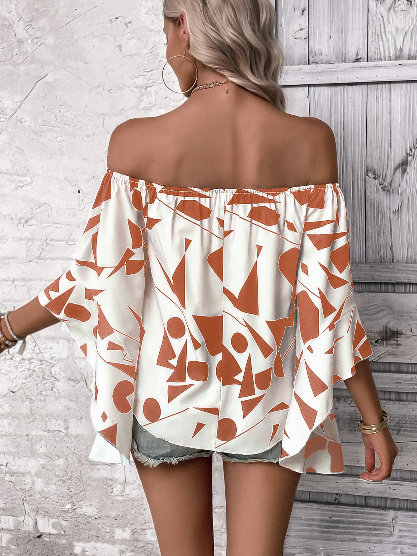 Take Me Dancing Printed Off-Shoulder Bell Sleeve Blouse