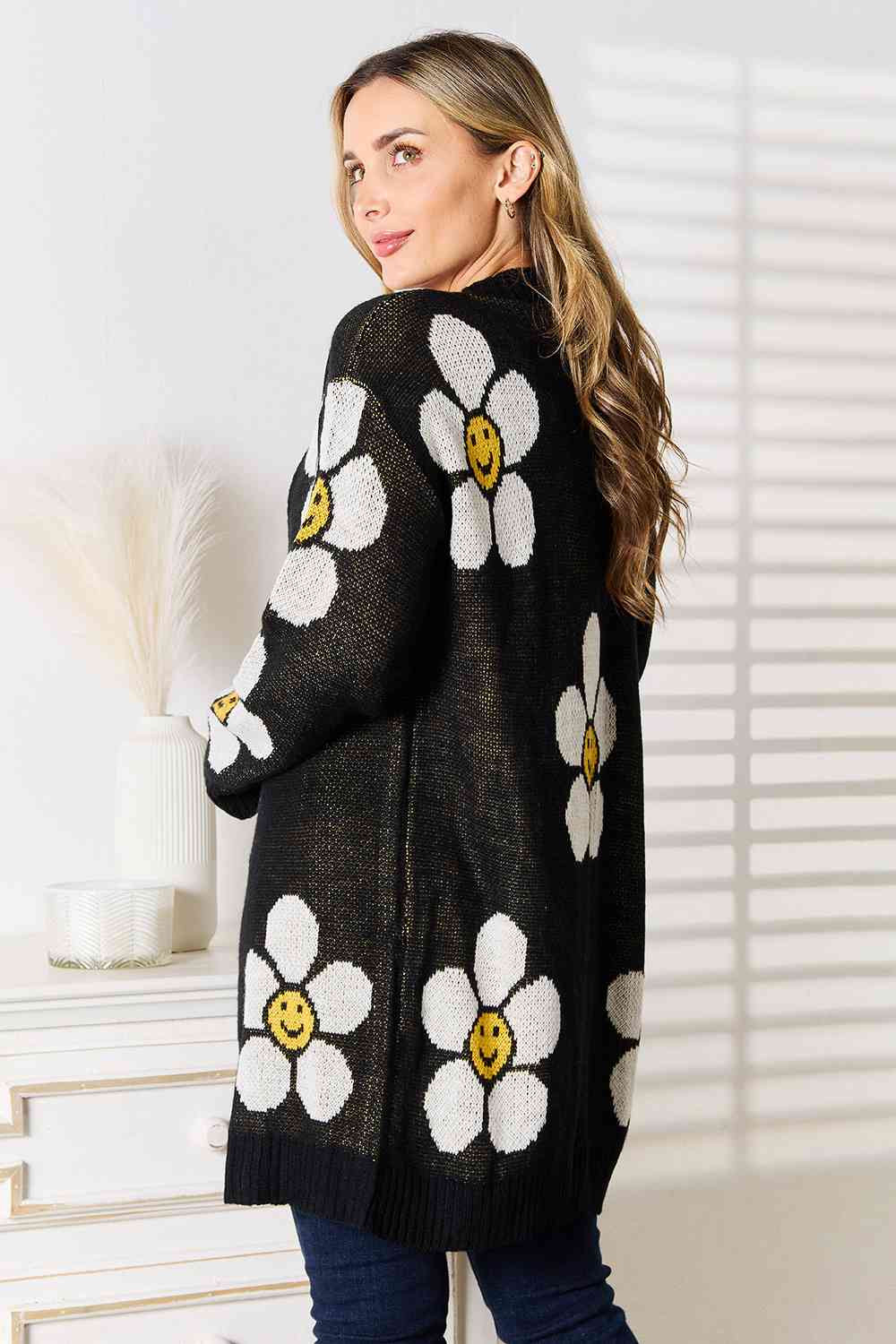 Double Take Sunshine Blossoms Floral Button Down Longline Cardigan