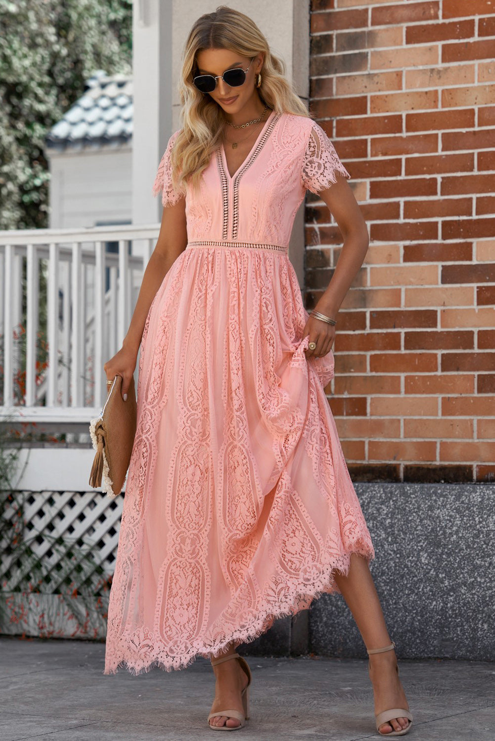 Pardon My French Scalloped Trim Lace Plunge Dress