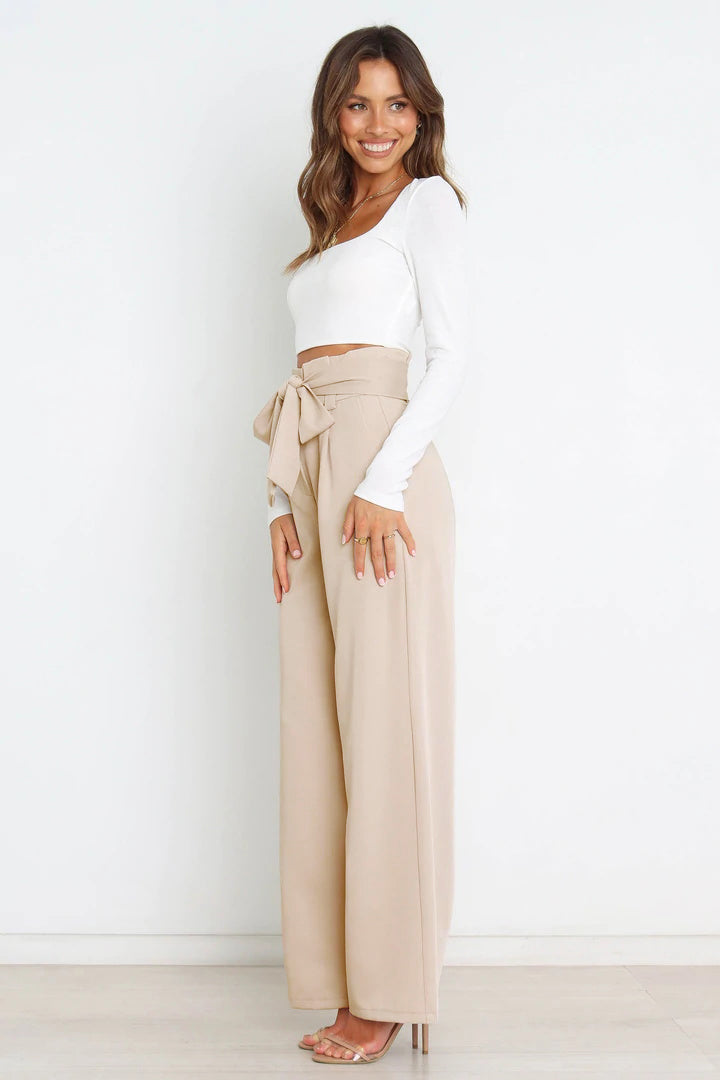 Office Chic Tie Front Wide Paperbag Waist Leg Pants