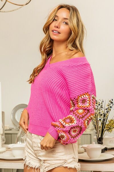 BiBi Blushing Beauty V-Neck Crochet Long Sleeve Sweater