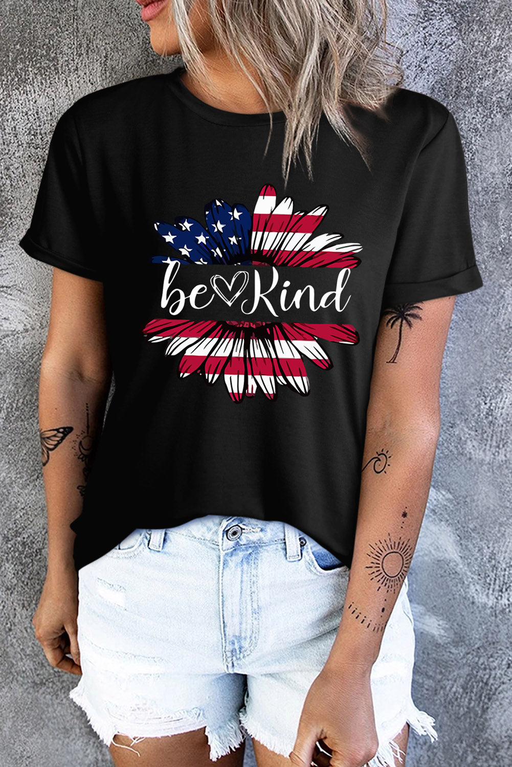 be Kind Flower US Flag Graphic Round Neck Tee