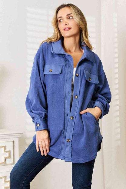 Heimish Cozy Girl Button Down Shacket in Dusty Blue