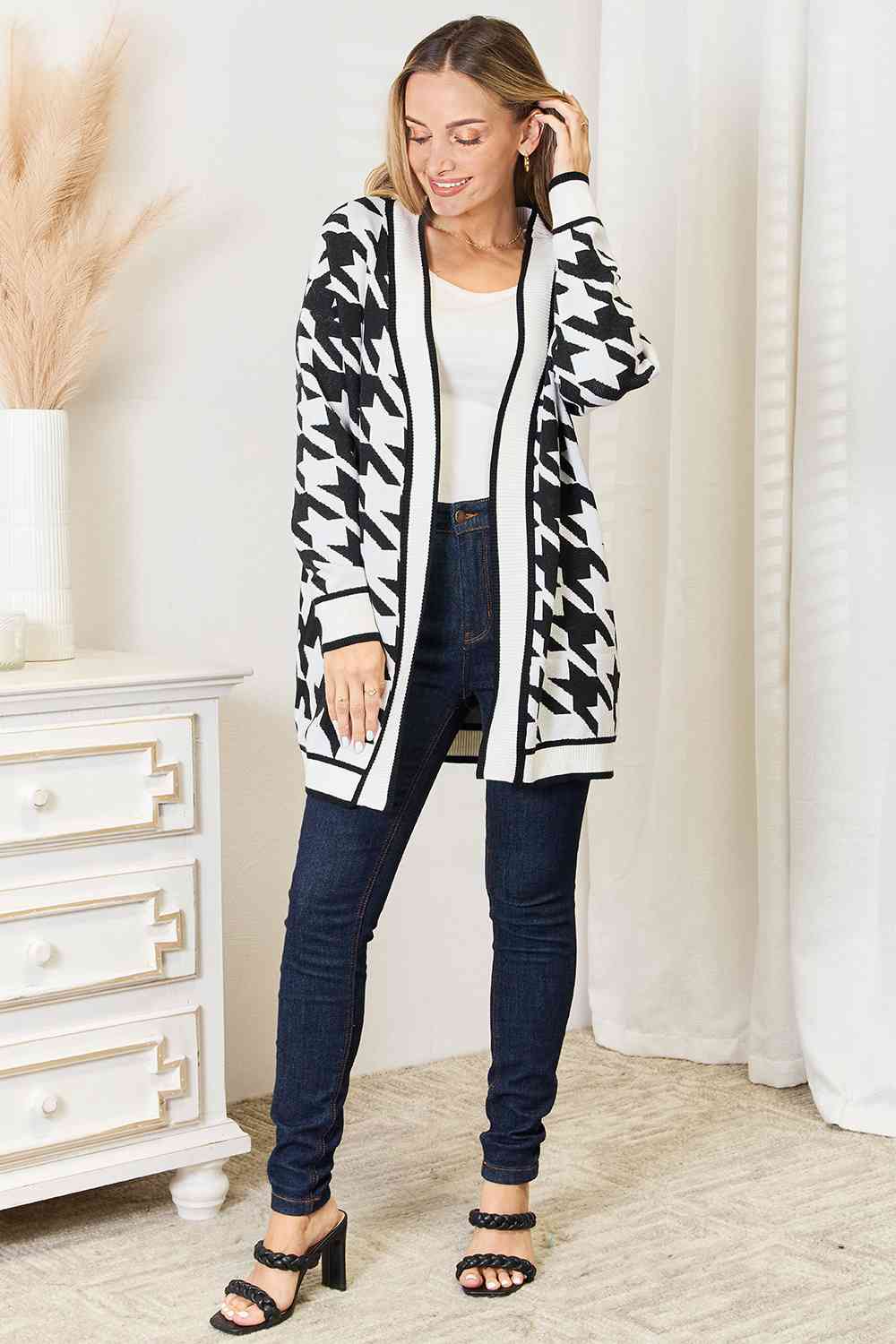 Woven Right Never Fades Houndstooth Open Front Longline Cardigan