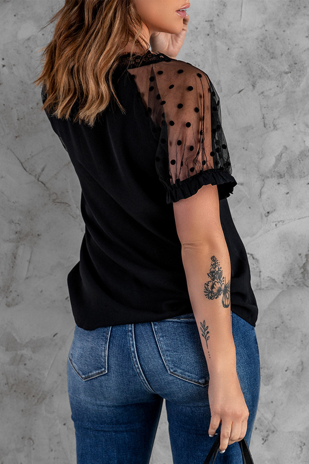 Polka Dot Lace Trim Detail Spliced Mesh Blouse