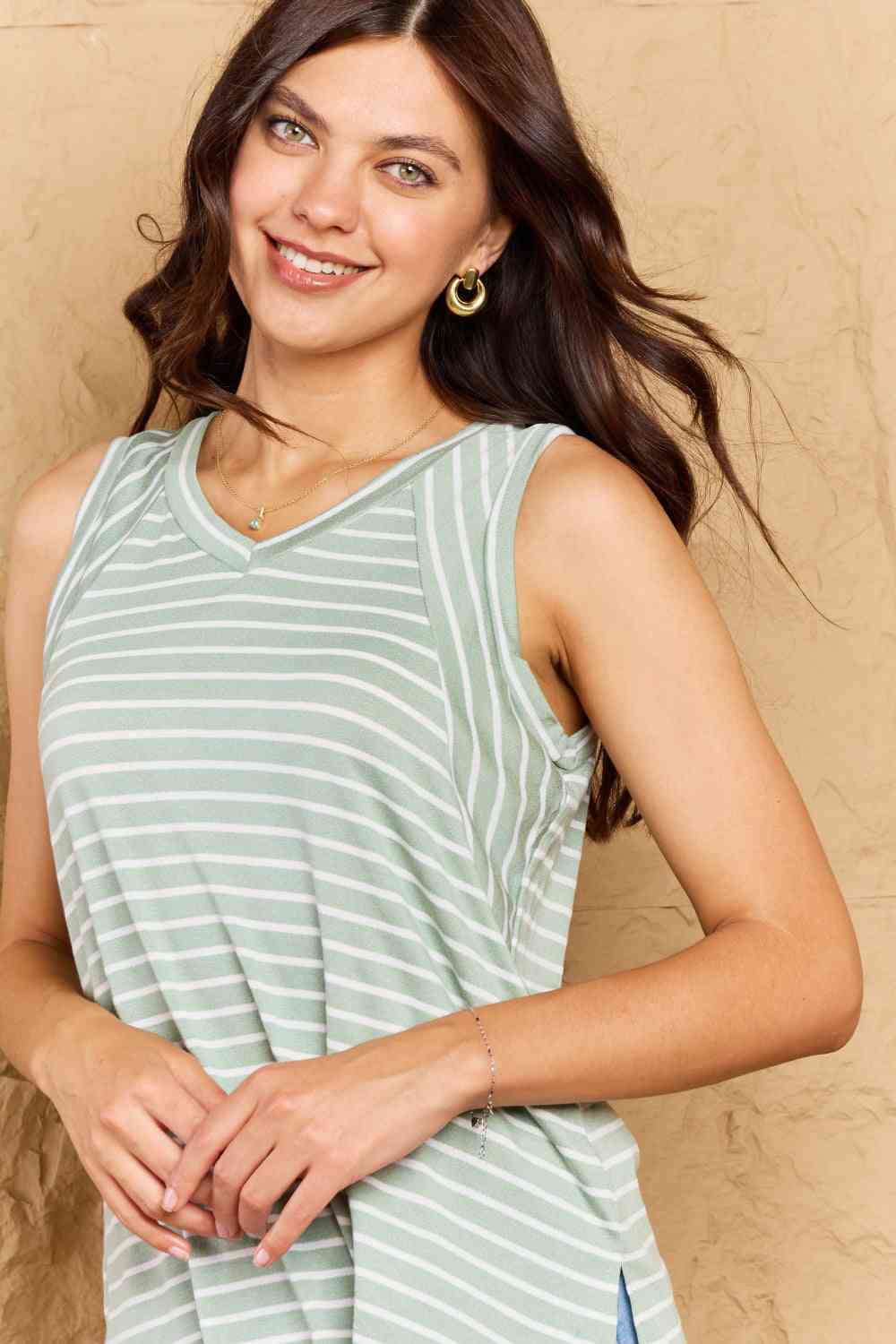 Doublju Talk To Me Striped Sleeveless V-Neck Top in Green