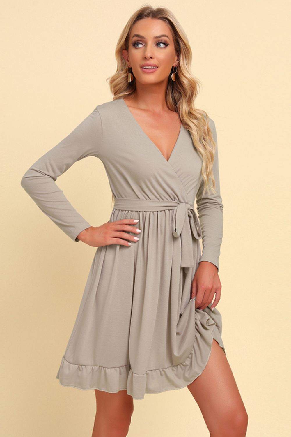 Warm Today, Cold Tomorrow Long Sleeve Tie Waist Ruffle Hem Dress