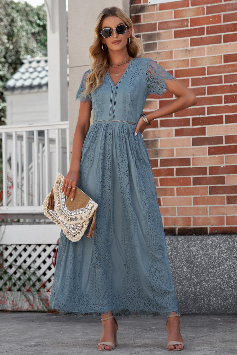 Pardon My French Scalloped Trim Lace Plunge Dress