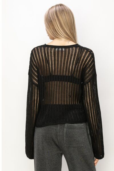 HYFVE Hey You, It's Me Openwork Ribbed Trim Long Sleeve Knit Top in Black