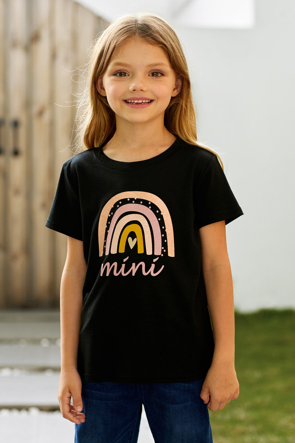 Mama's Mini Rainbow Round Neck Girls Graphic Tee Shirt