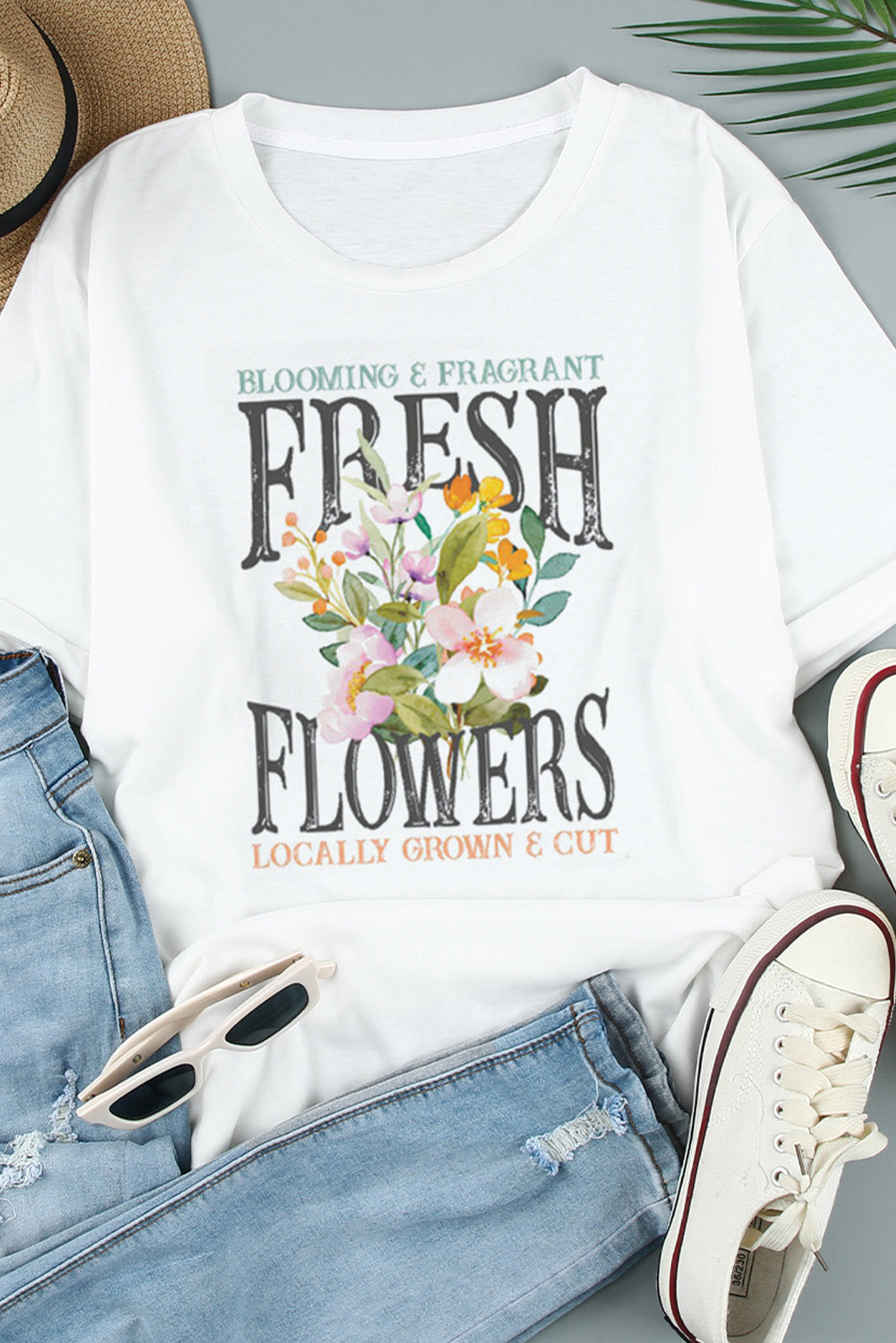 FRESH FLOWERS Round Neck Graphic Print Tee