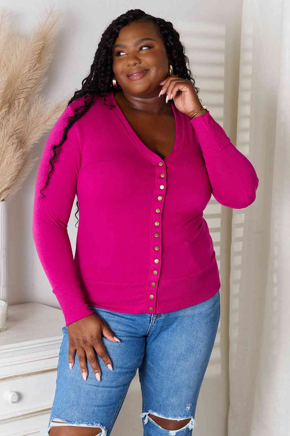 Zenana Magenta Memories V-Neck Long Sleeve Button-Down Cardigan in Magenta