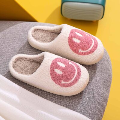 Melody A Perfect Day Smiley Face Cozy Slippers in White/Pink