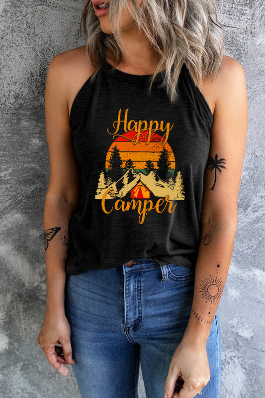 Happy Camper Graphic Grecian Neck Tank Top