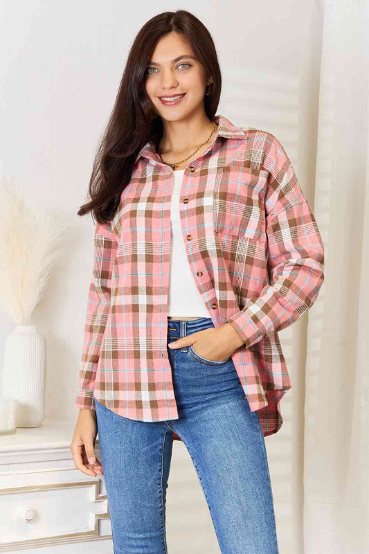 Double Take Peachy In Plaid Collared Neck Long Sleeve Button-Up Shirt