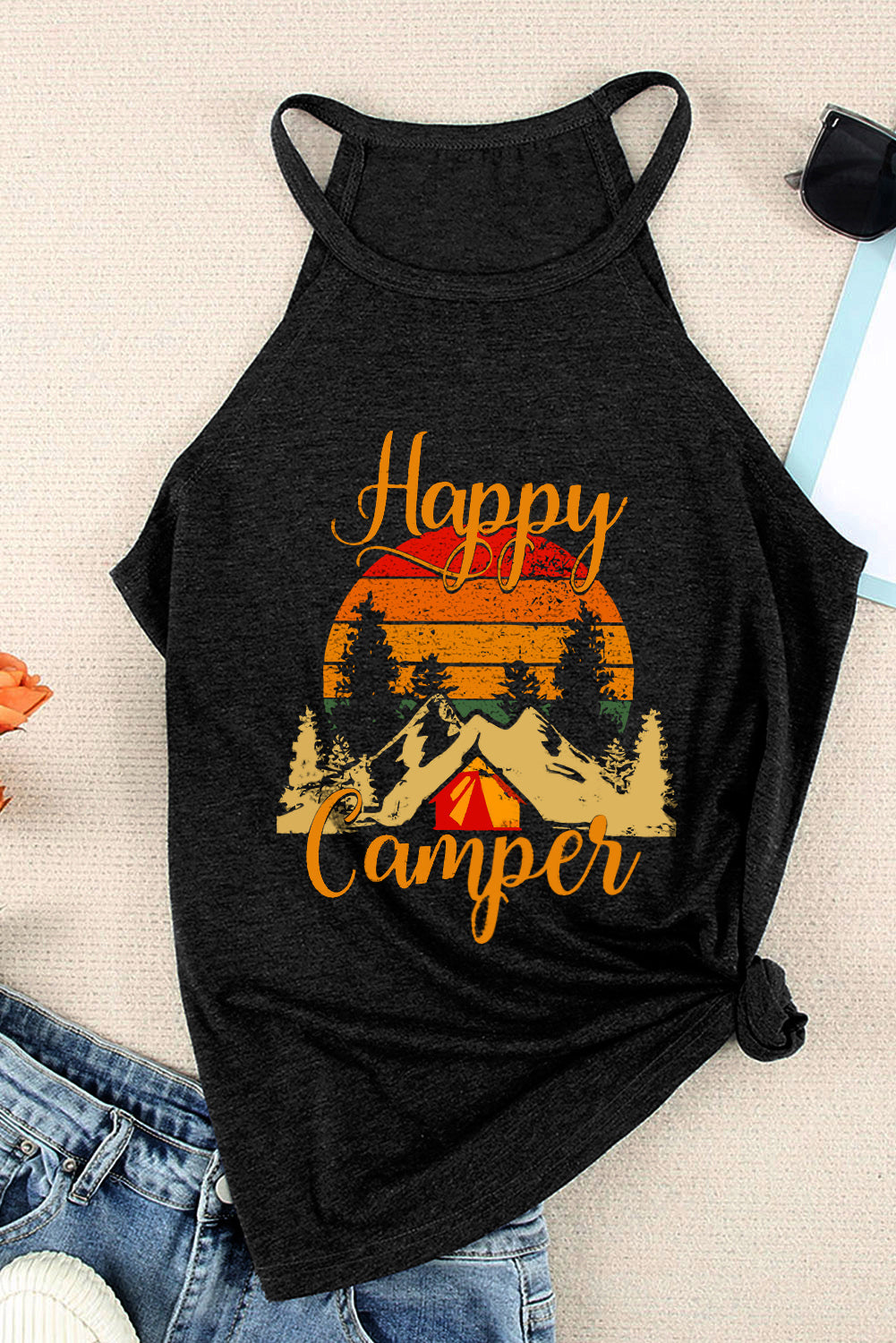 Happy Camper Graphic Grecian Neck Tank Top