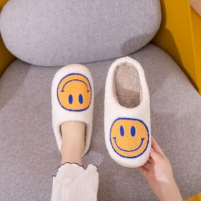 Melody A Perfect Day Smiley Face Cozy Slippers in White/Yellow/Blue