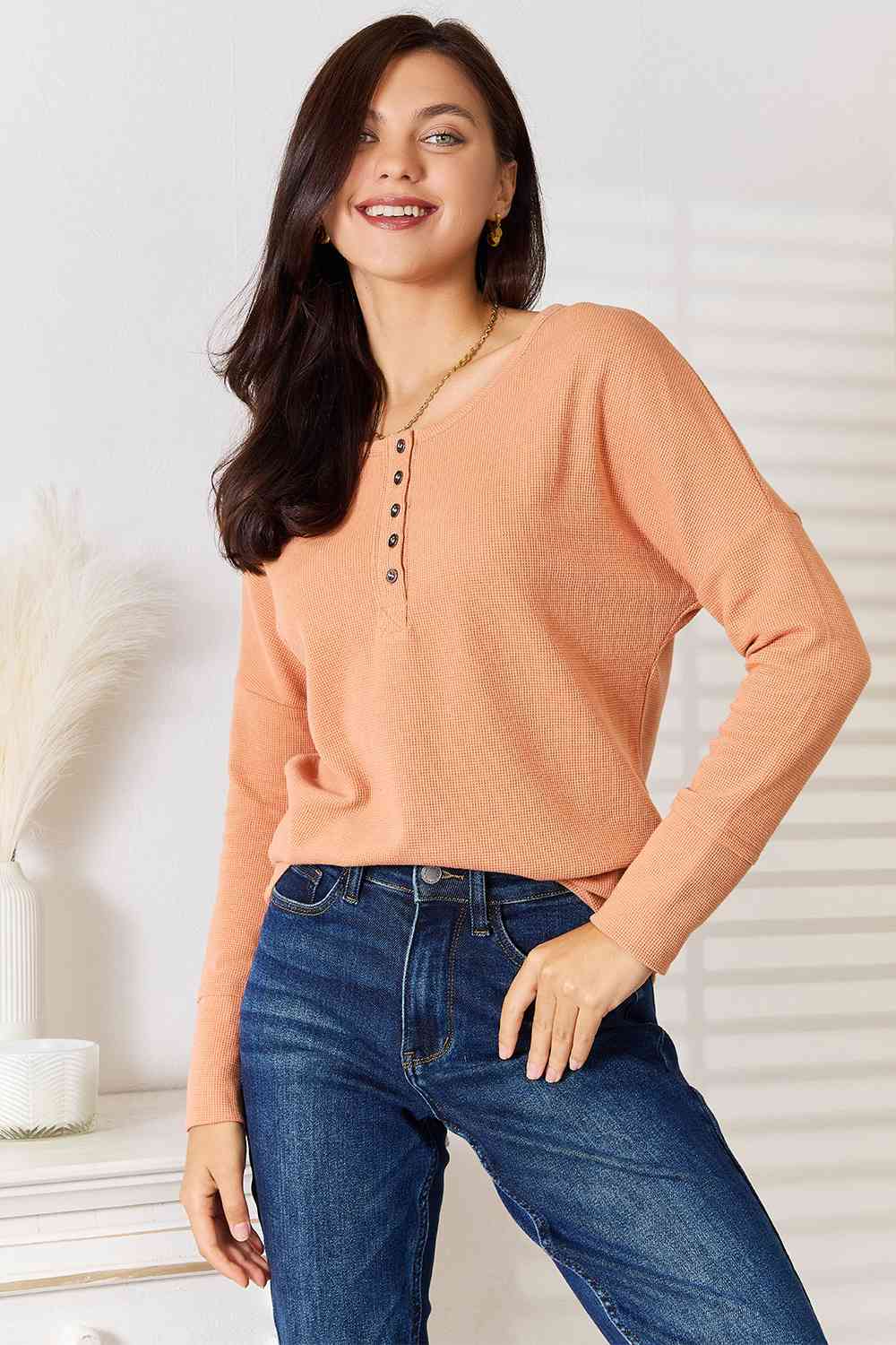 Basic Bae Pumpkin Patch Half Button Long Sleeve Top