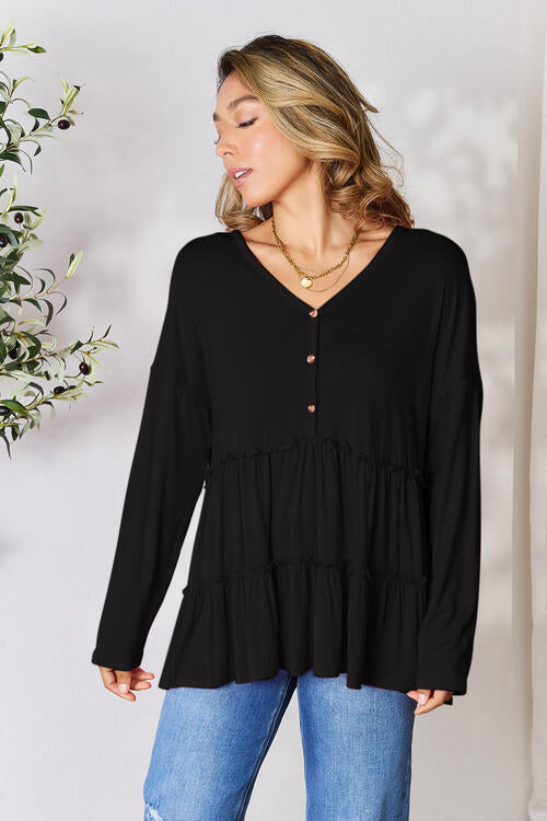 Double Take Cute and Powerful Half Button Long Sleeve Ruffle Hem Blouse