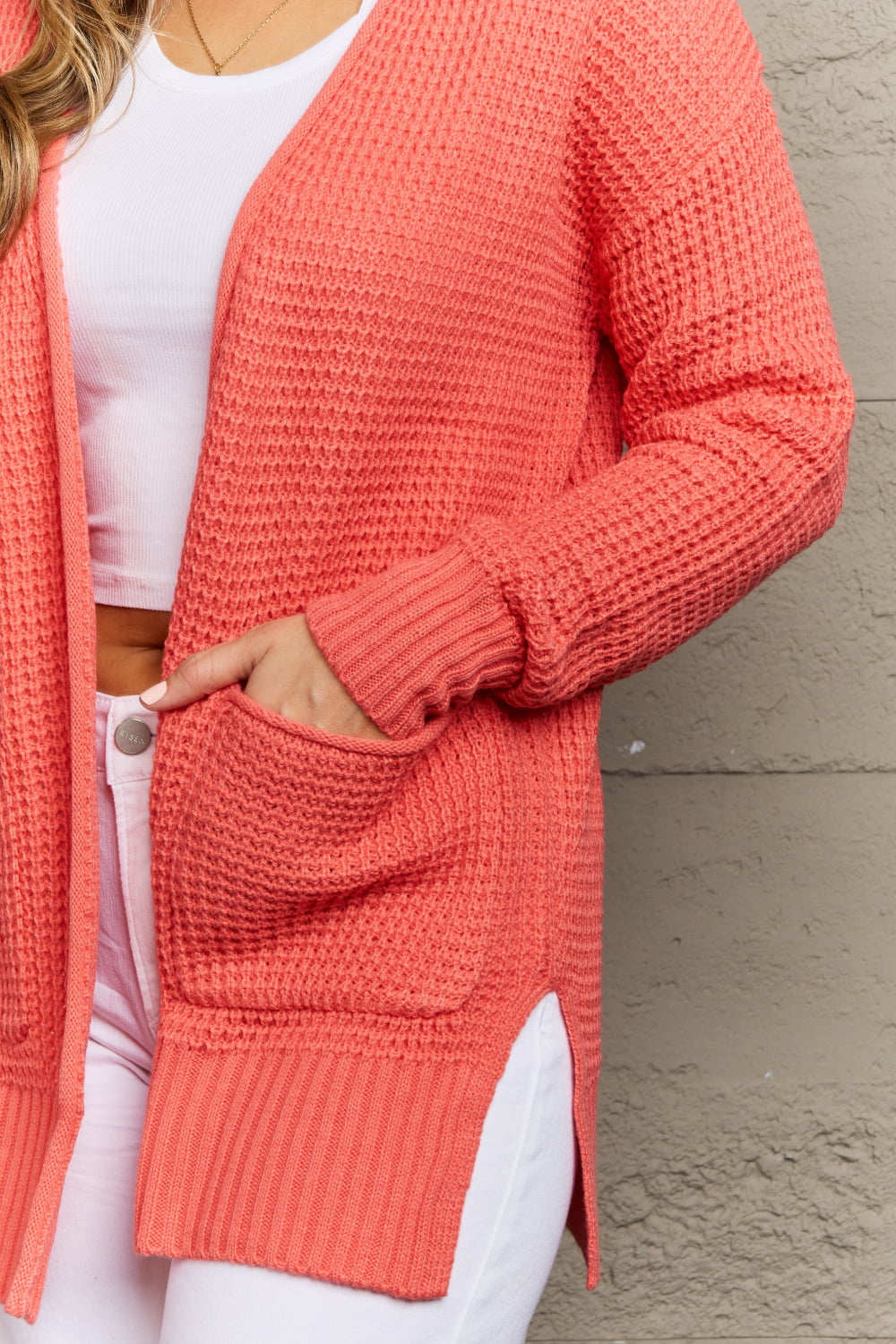 Zenana Bright & Cozy Waffle Knit Cardigan in Coral