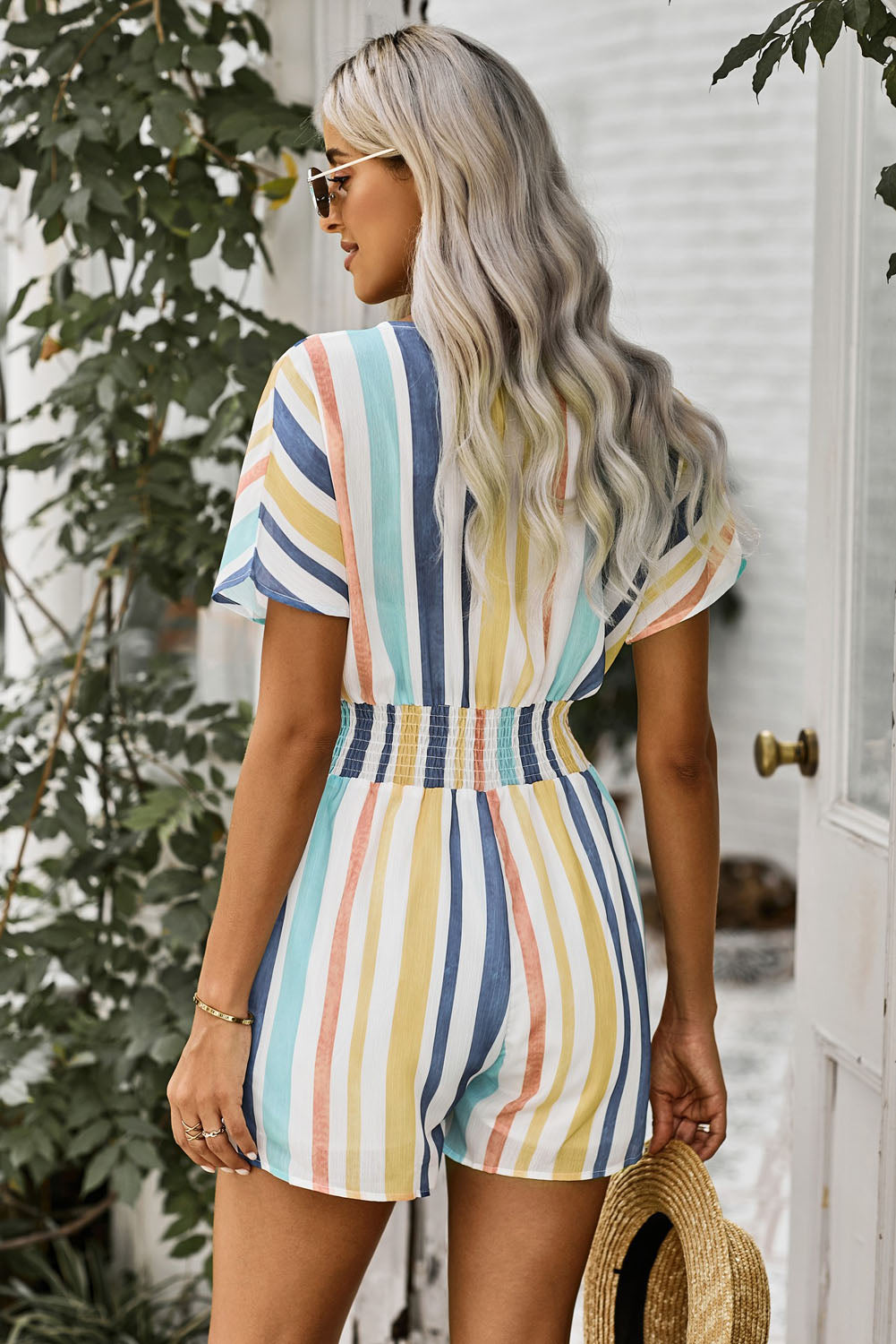 Stripes on Stripes Multicolored Stripe V-Neck Smocked Waist Romper