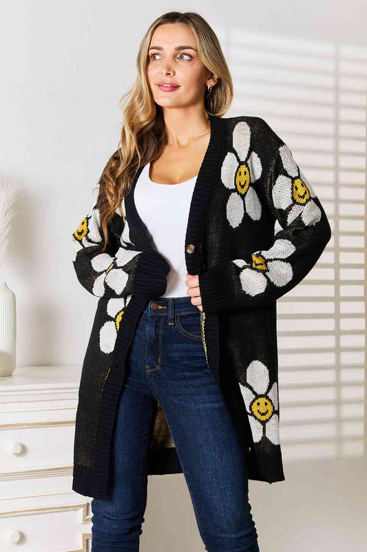 Double Take Sunshine Blossoms Floral Button Down Longline Cardigan