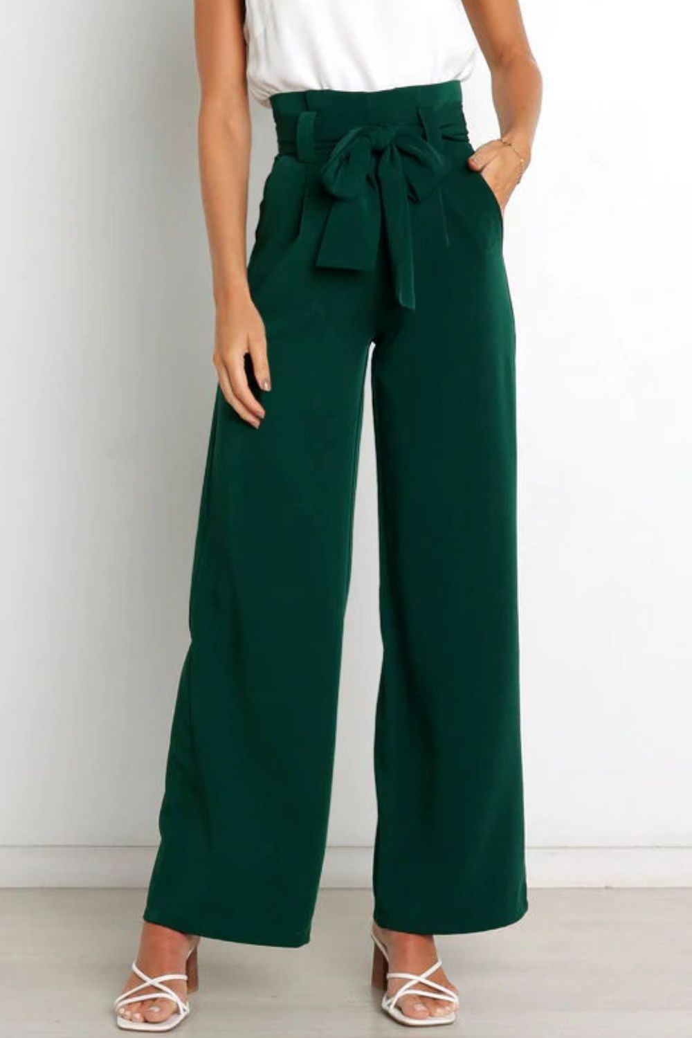 Office Chic Tie Front Wide Paperbag Waist Leg Pants