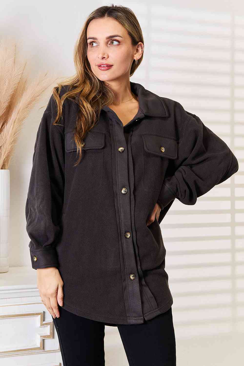 Heimish Cozy Girl Button Down Shacket in Charcoal