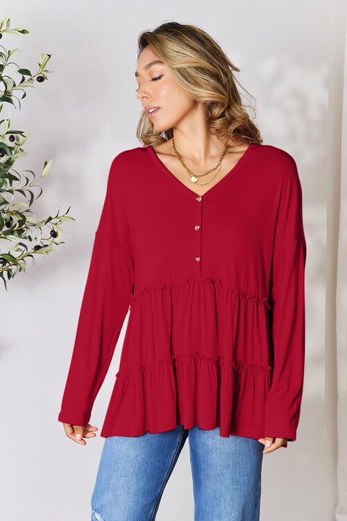 Double Take Cute and Powerful Half Button Long Sleeve Ruffle Hem Blouse