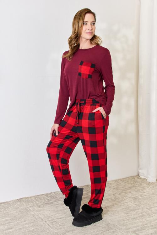 Zenana Whispering Stars Plaid Top and Pants Pajama Set