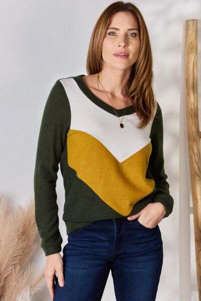 Hailey & Co You Are The Canvas Color Block V-Neck Blouse in Olive