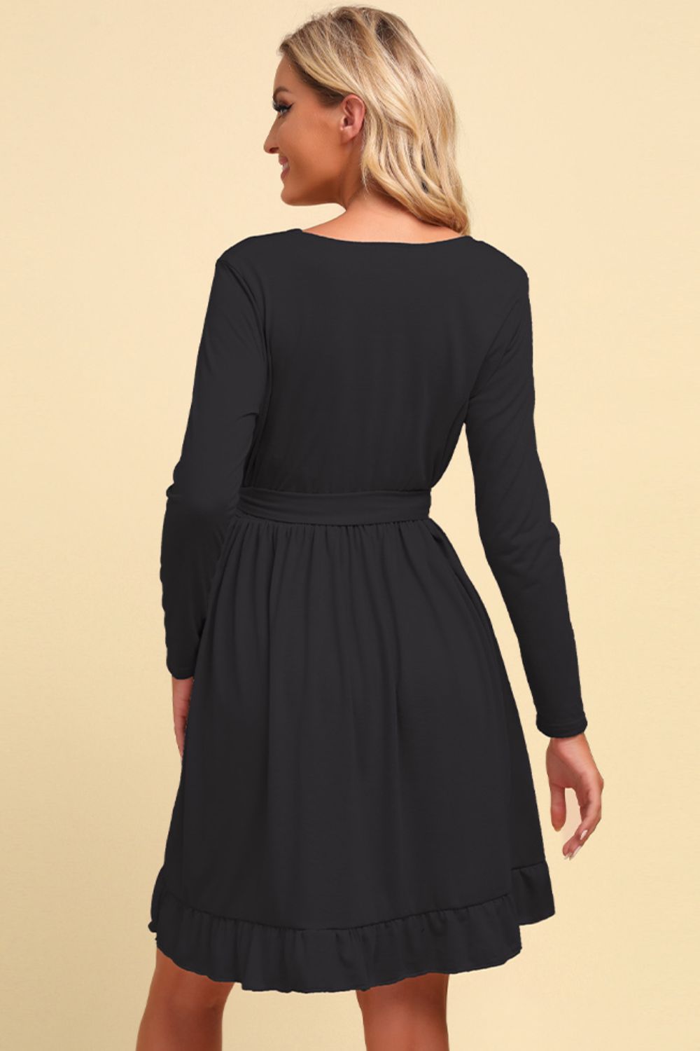 Warm Today, Cold Tomorrow Long Sleeve Tie Waist Ruffle Hem Dress