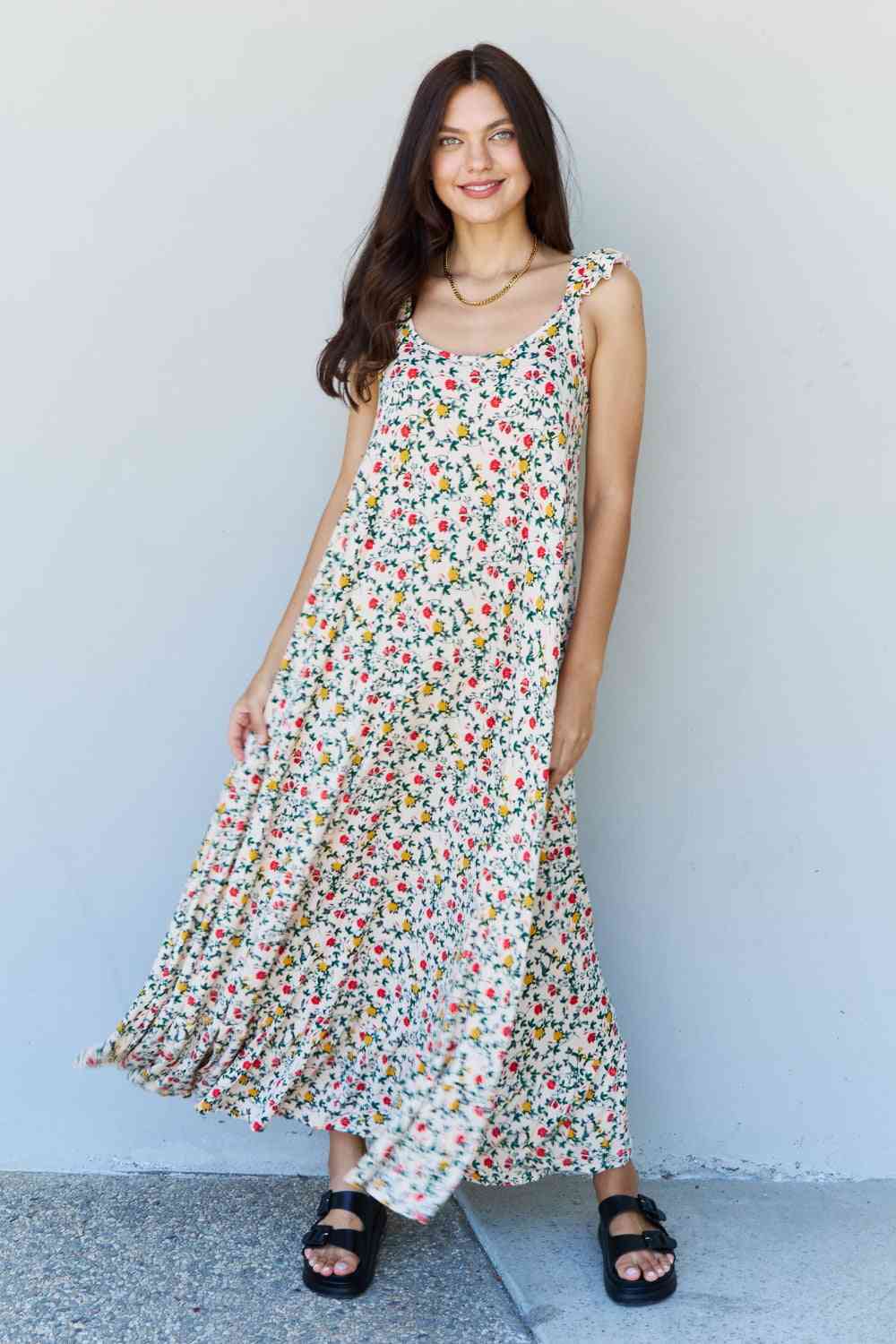 Doublju In The Garden Floral Ruffle Maxi Dress in Natural Rose