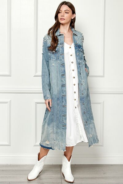 Veveret Pearl Distressed Raw Hem Pearl Detail Button Up Jacket