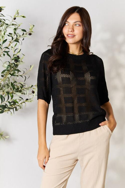 Double Take 'Til I Walk In Ribbed Trim Knit Top in Black