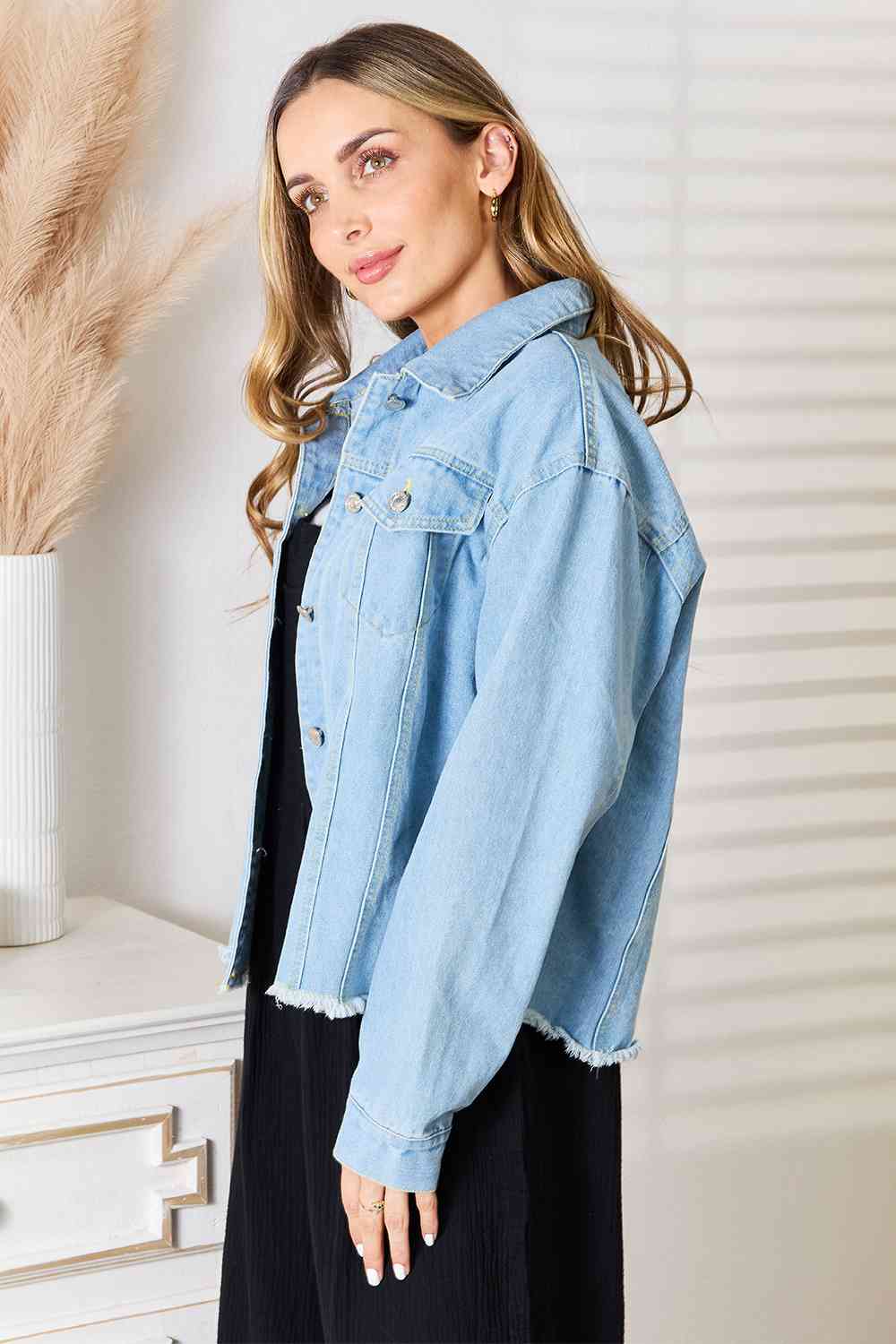 Double Take Hey Friend Raw Hem Denim Jacket