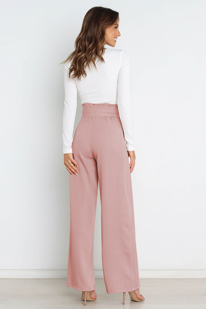 Office Chic Tie Front Wide Paperbag Waist Leg Pants