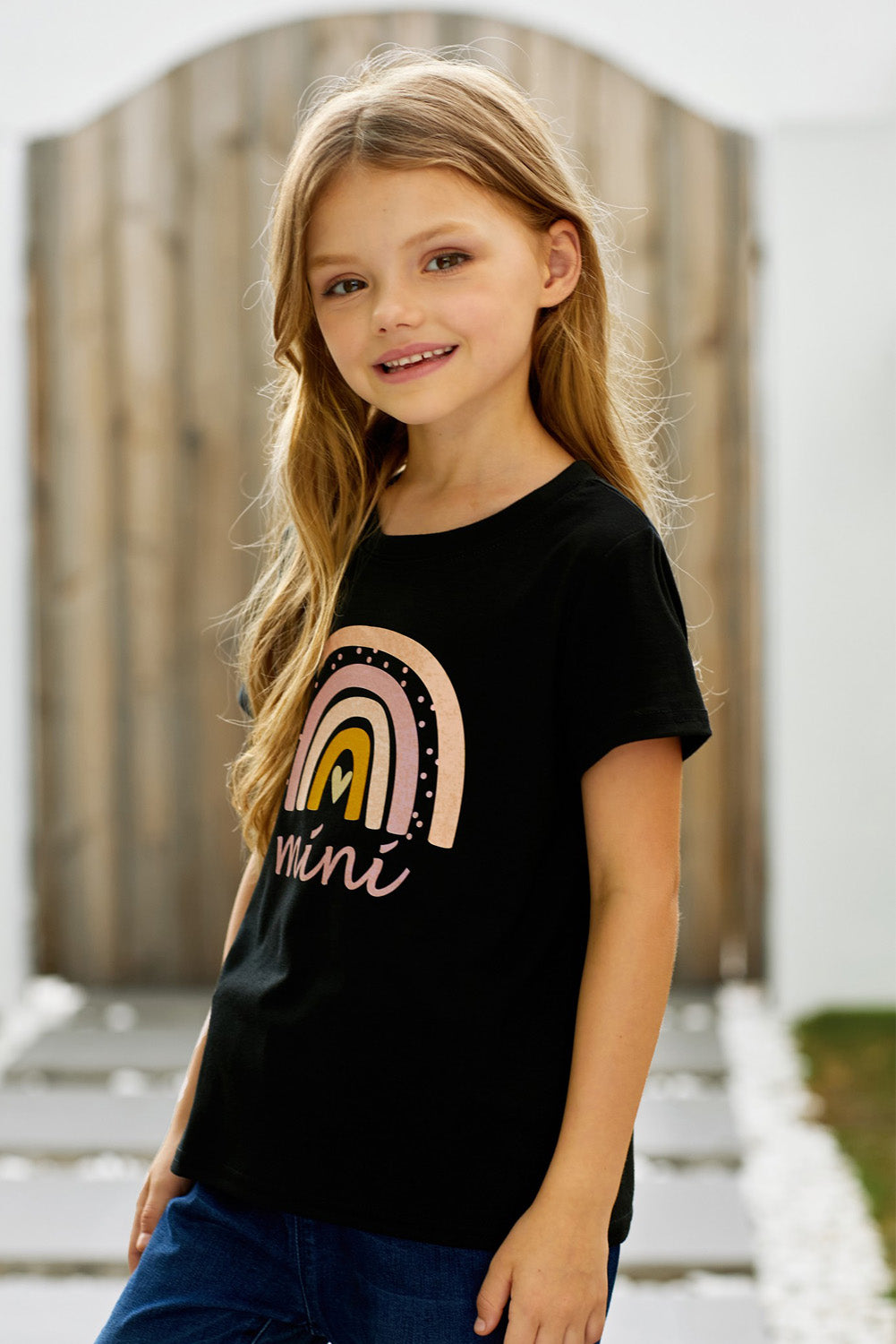 Mama's Mini Rainbow Round Neck Girls Graphic Tee Shirt