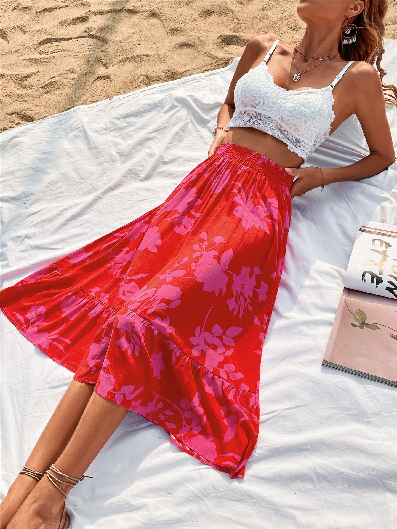 Off to the Beach, Be Back Soon Elastic Waist Printed Skirt