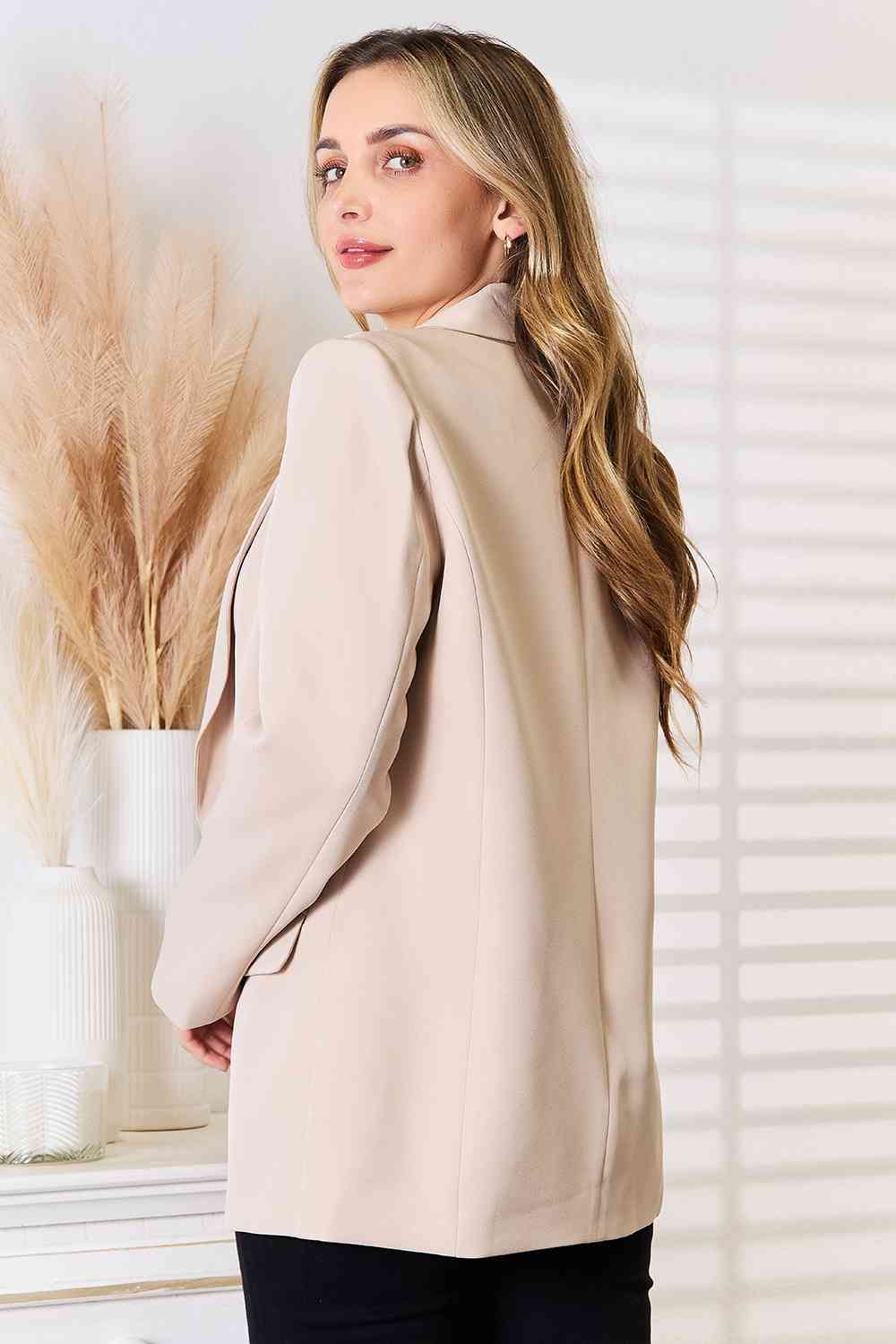 Double Take But Coffee First Shawl Collar Long Sleeve Blazer in Sand