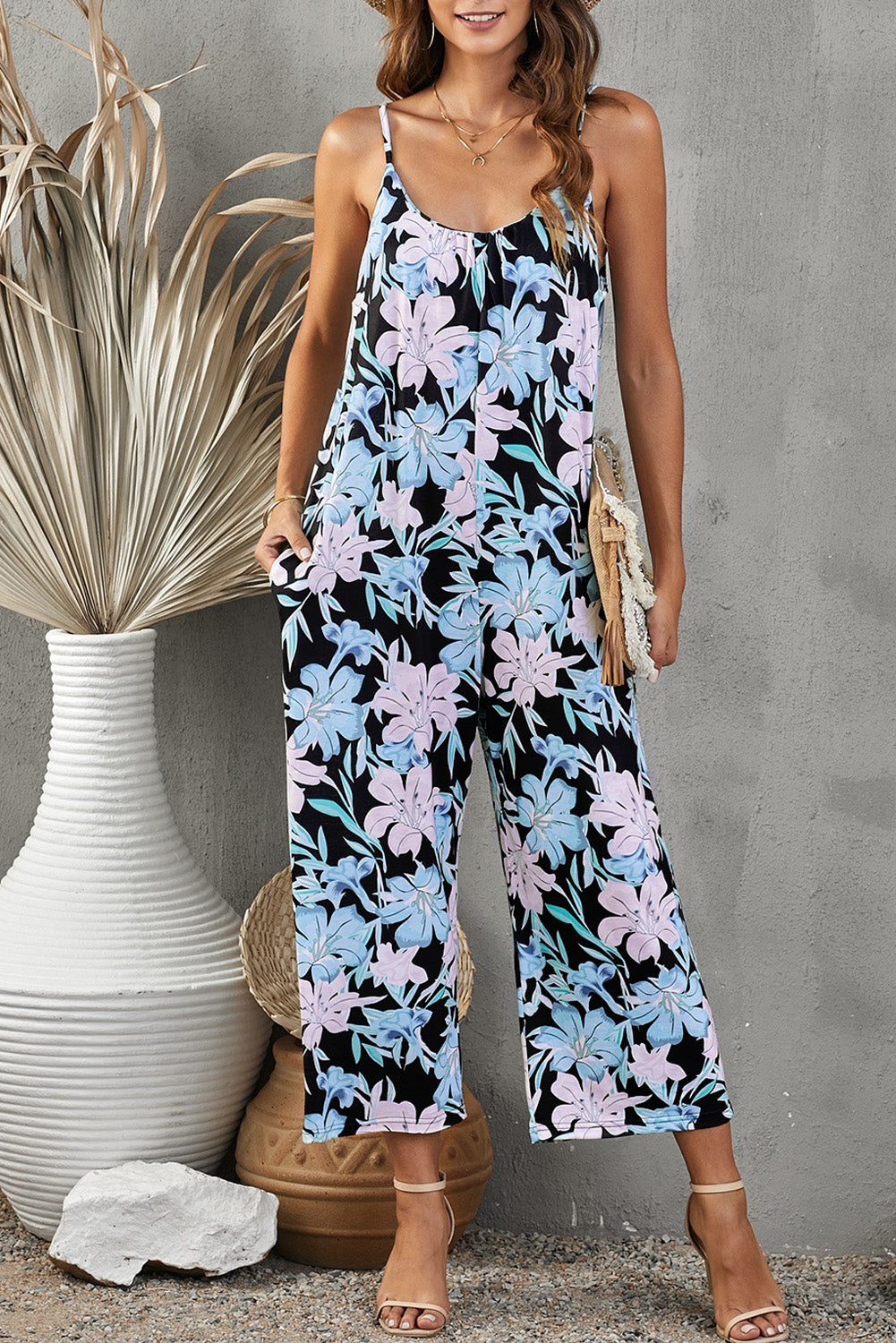 Vacation Mode On Botanical Print Spaghetti Strap Cropped Jumpsuit