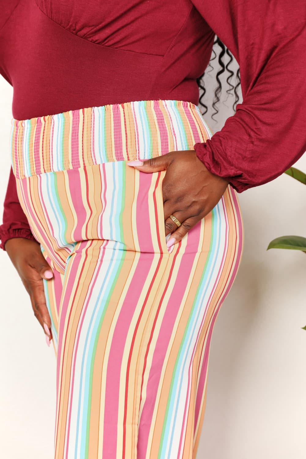 Double Take Keep Smiling Striped Smocked Waist Pants with Pockets