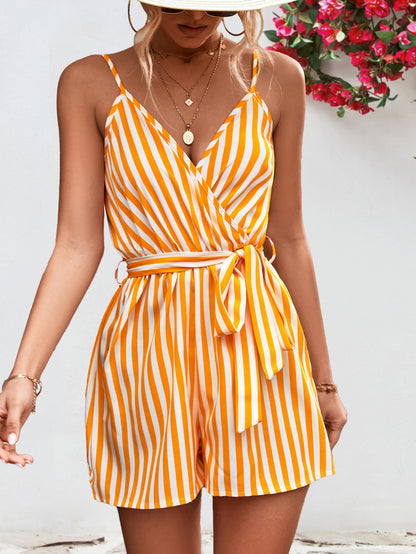 Waves of Color Striped Tie Waist Spaghetti Strap Romper