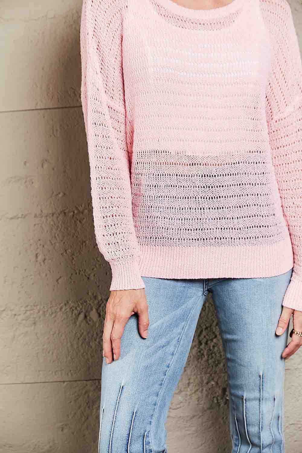 Double Take Blushing At The Shore Openwork Dropped Shoulder Knit Top