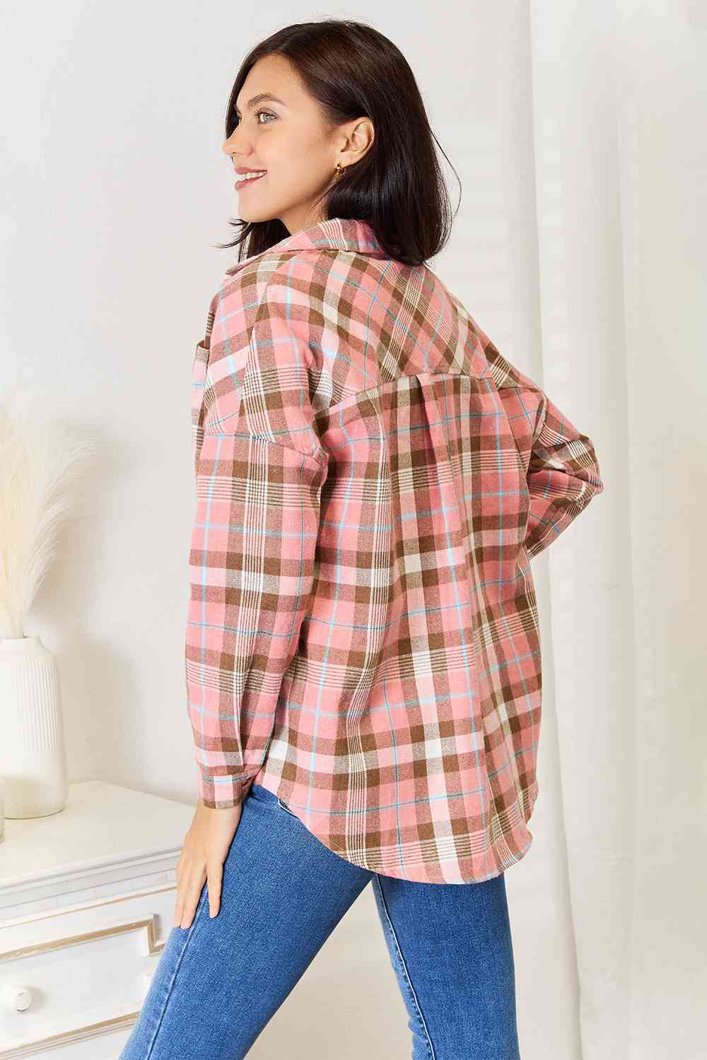 Double Take Peachy In Plaid Collared Neck Long Sleeve Button-Up Shirt