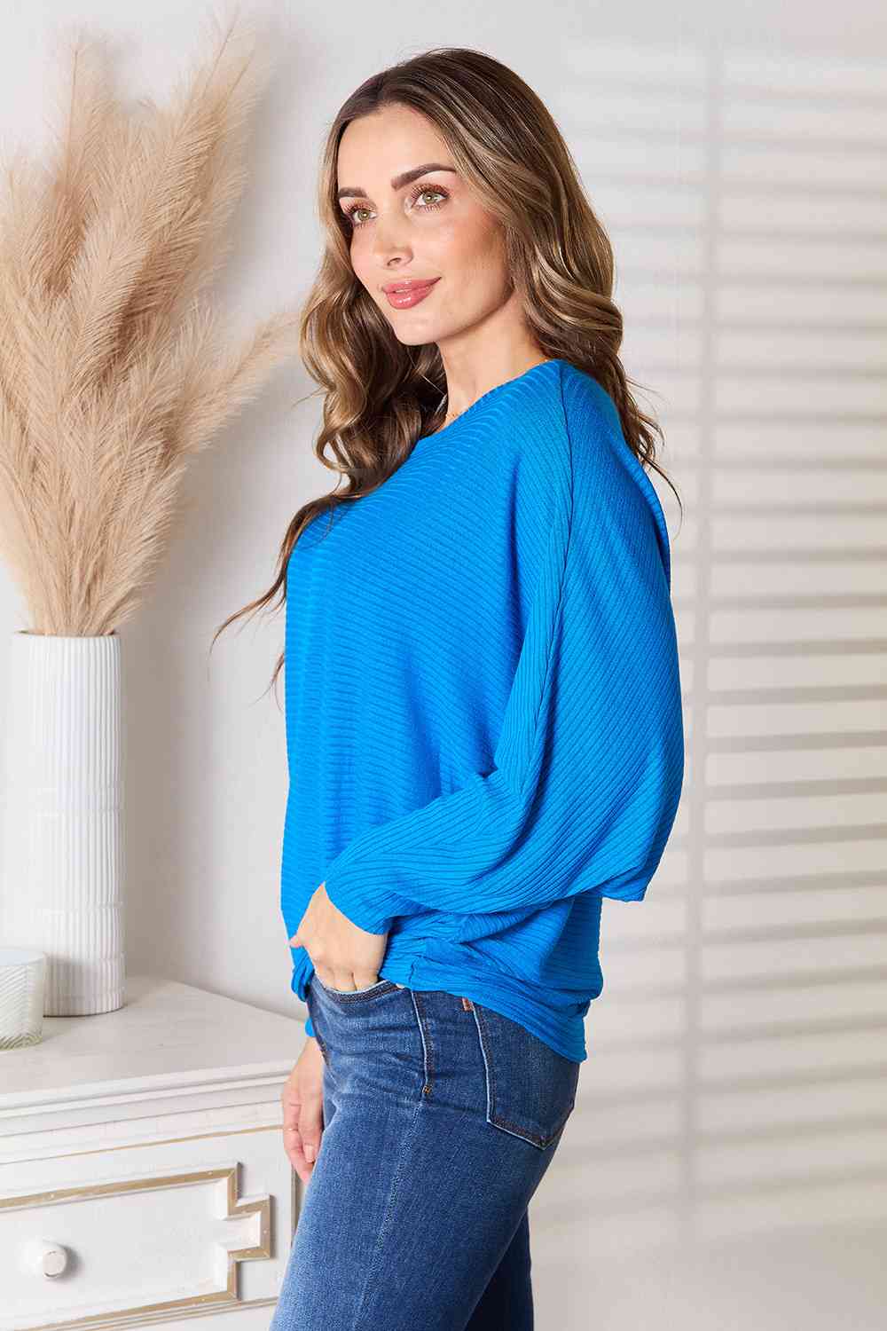 Zenana Fall Vibin' Batwing Sleeve Blouse in Cobalt Blue