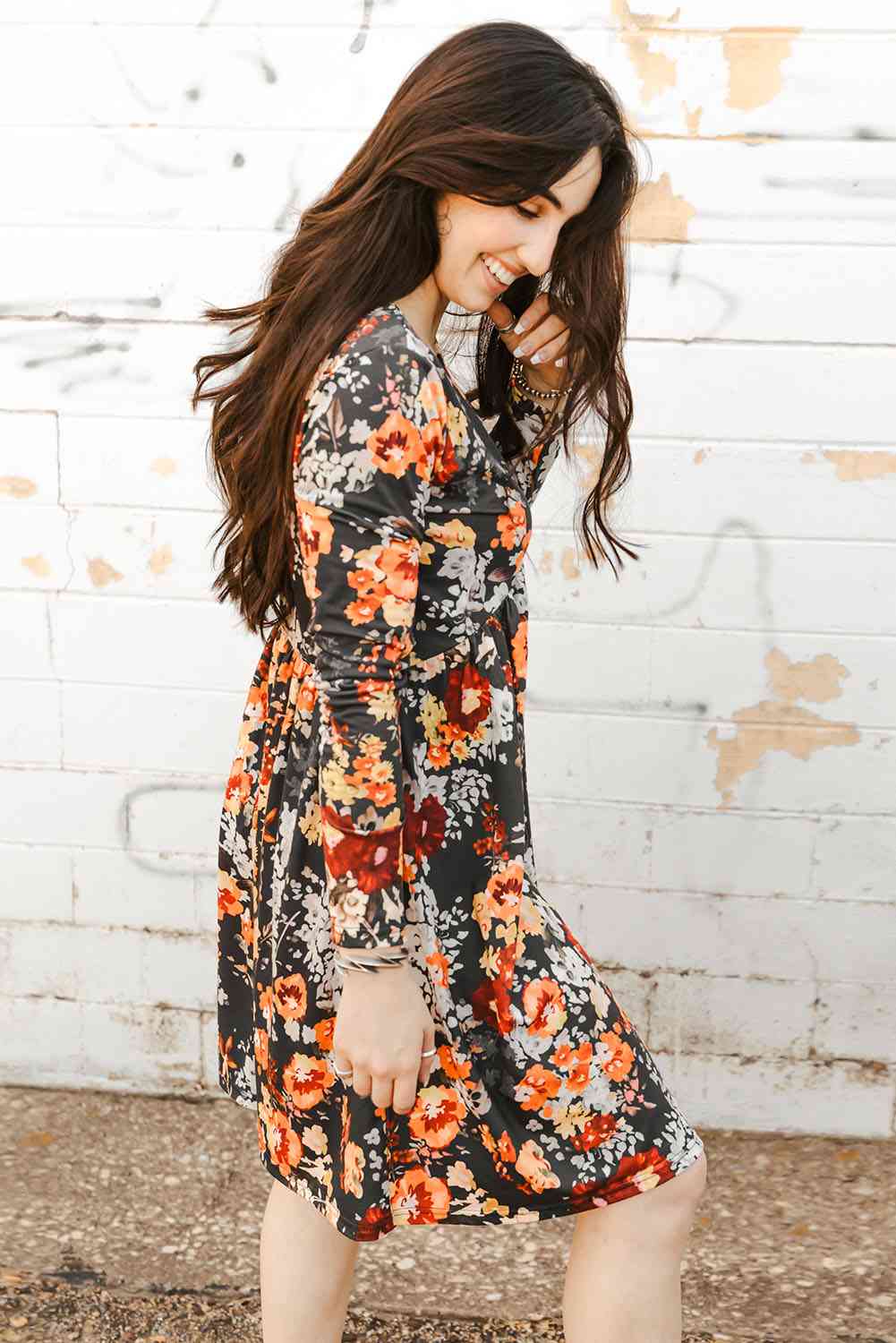 Sunshine Sweetheart Floral Print Long Sleeve Dress in Dark Grey