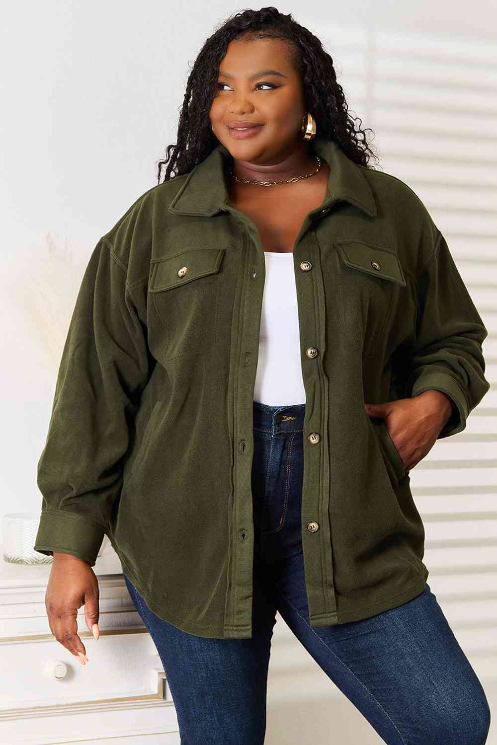 Heimish Cozy Girl Button Down Shacket in Army Green