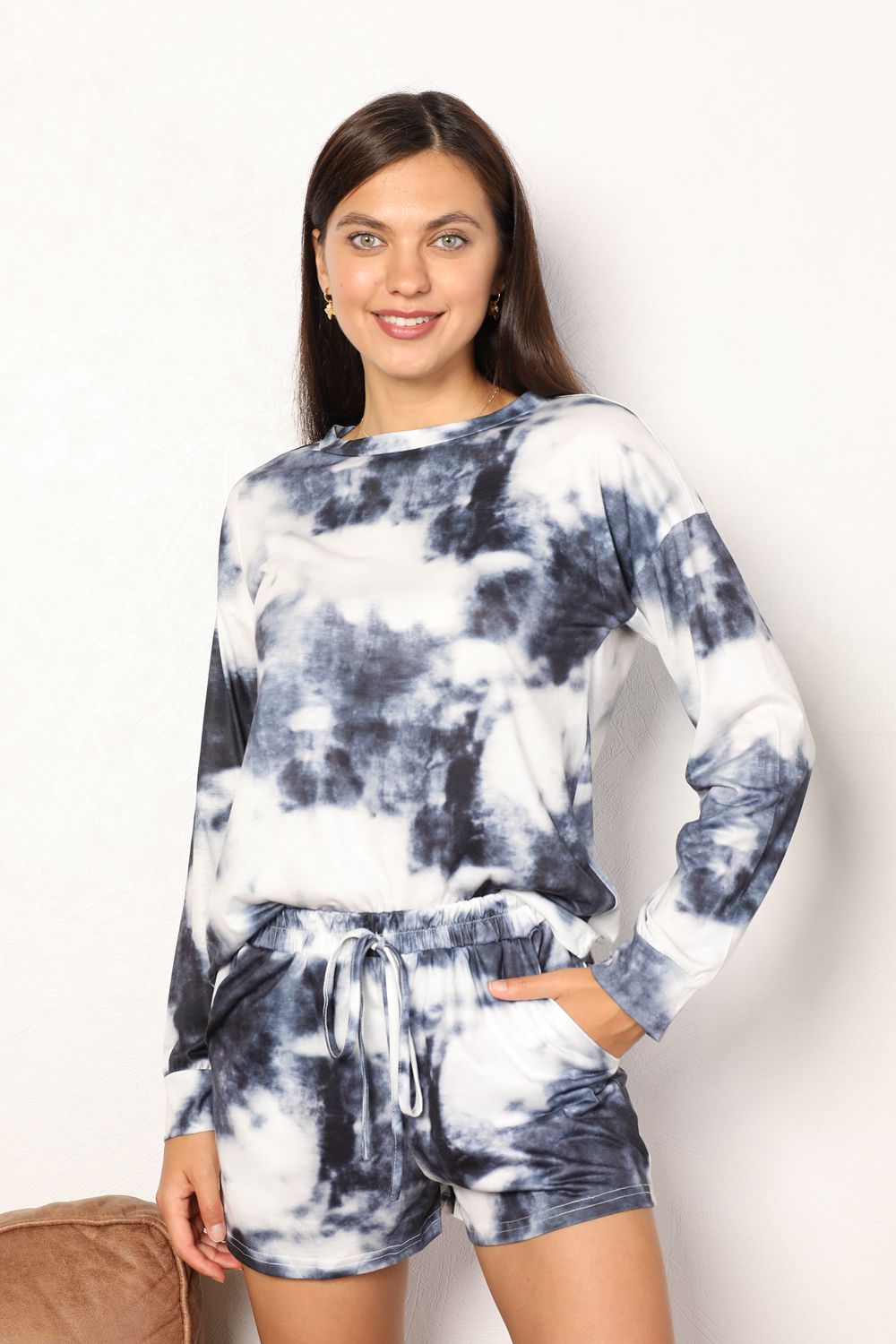 Double Take Coffee and Chill Tie-Dye Long Sleeve Top and Shorts Loungewear Set in Charcoal